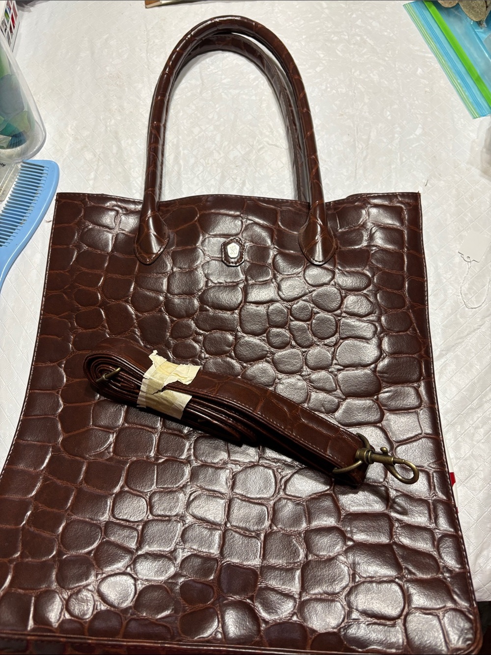 Ralph Lauren Dark Brown Croc-Embossed Satchel with Detachable Strap
